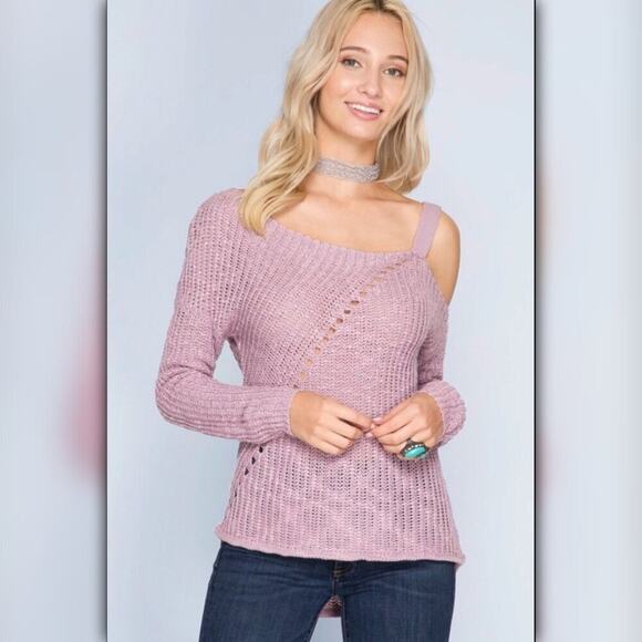 A490-A • Lilac Cold Shoulder Slub-Knit Sweater - Picture 1 of 6